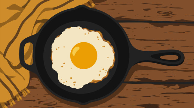 Clean flat vector illustration on a light background showing a sunny-side-up fried egg in a black cast iron skillet on a rustic wood table for breakfast menus.