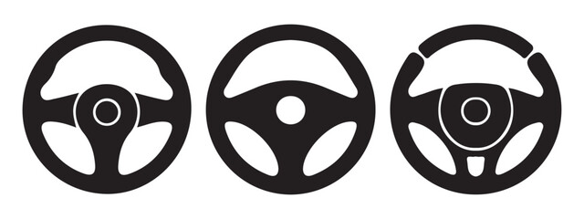 Obraz premium Car Steering Wheel Icon Set with Hands on Wheel, Vehicle Driving Control Symbols, Black Silhouette Automotive Vector Collection Isolated on White