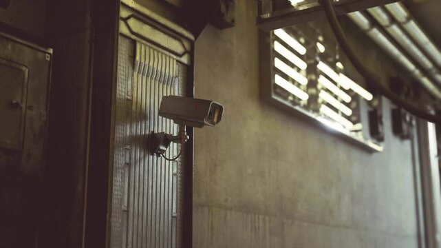 Overwatch camera attached to service wall, window slats creating striped light, dusty lens and weathered metal evoke urban maintenance and compliance monitoring