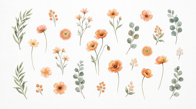 Watercolor floral elements collection featuring orange blossoms, delicate green leaves, and botanical sprigs isolated on a white background for wedding decor