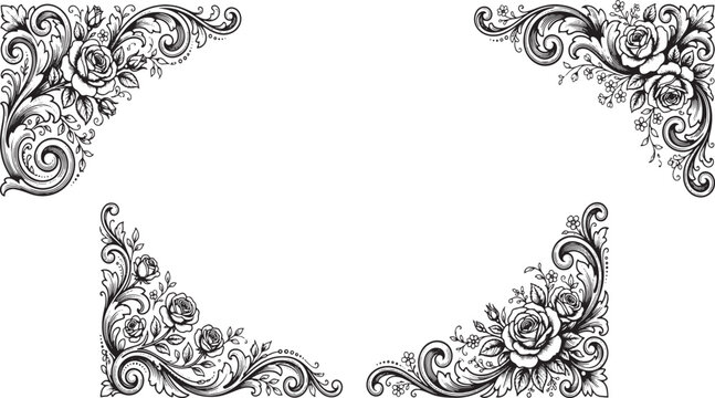 Vintage Baroque Corner Border Design Elements with Rose Flowers, Luxury Floral Ornament Frame Vector, Antique Rococo Certificate Dividers with Classic Blooming Rose Buds and Decorative Botanical Scrol