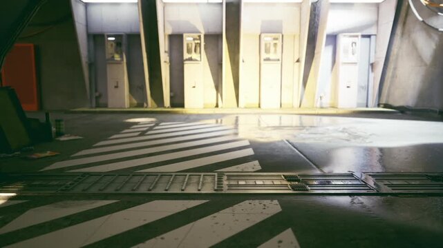 Sunlit industrial passage with metal tracks and warm golden glow, wet floor reflections and corridor depth emphasize gritty service environment and maintenance