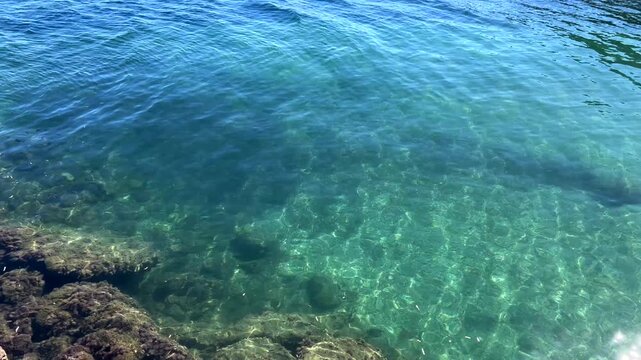 View of sea surface with bright reflections promoting peace and relaxation. 