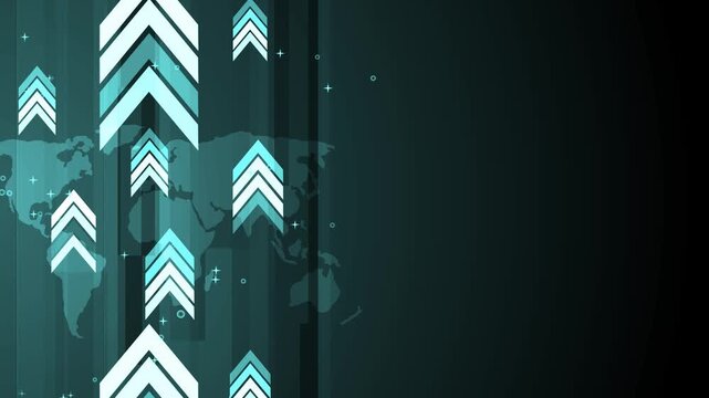 Abstract business background with upward arrows over a world map showing growth progress animation