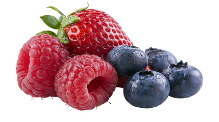 Fresh strawberries raspberries, and blueberries with water droplets © Aisling