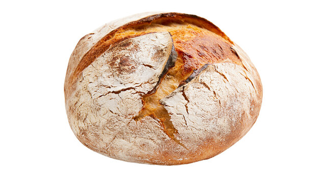 Crusty round sourdough bread with golden brown crust and flour dusting