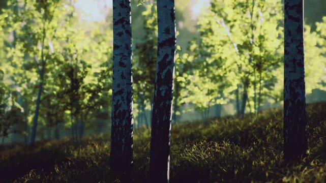 Dappled shadow plays across birch trio, rich contrast between light and dark and sunlit understory. Scene suitable for mindful walk or creative shoot, textured