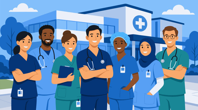 Multicultural hospital staff stand together before a medical building on a light blue background in a clean flat vector illustration for healthcare recruitment.