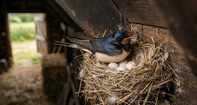 A small bird sitting ina nest with eggs, close-up shot of wildlife in nature 