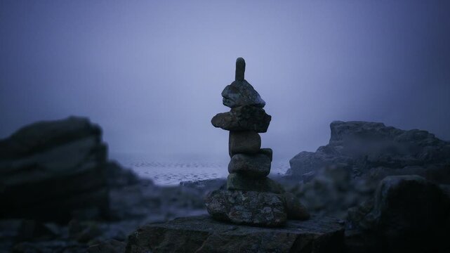 Foreground stone stack with mist, detailed texture and balanced composition in cool tones, intimate perspective highlights weathered surfaces and careful rock