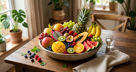 Vibrant assortment of exotic tropical fruits in a wooden bowl, including pineapple, mango, and papaya  © Rain