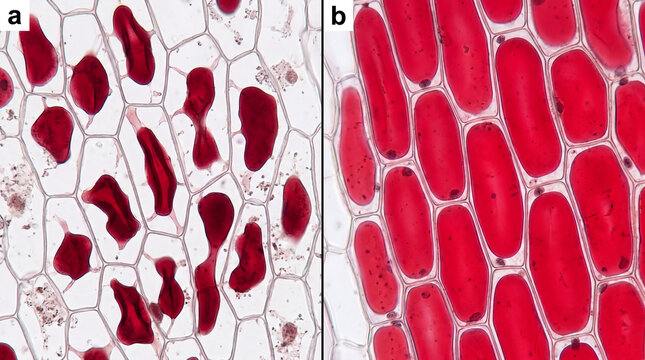 Plasmolysis and turgor in red onion plant cells.