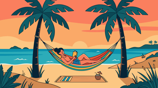 Clean flat vector illustration on a light background showing a woman reading in a hammock between palm trees on a sunset beach, ideal for vacation marketing.