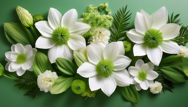 a clean modern interpretation of white florals layered with fresh green tones and a subtle pop of chartreuse