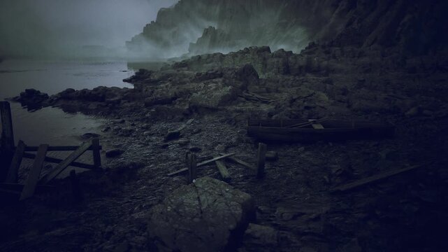 Abandoned wooden skiff on pebble shore, oar resting inside, scattered nets and kelp nearby, low light and thick mist create melancholic cinematic scene