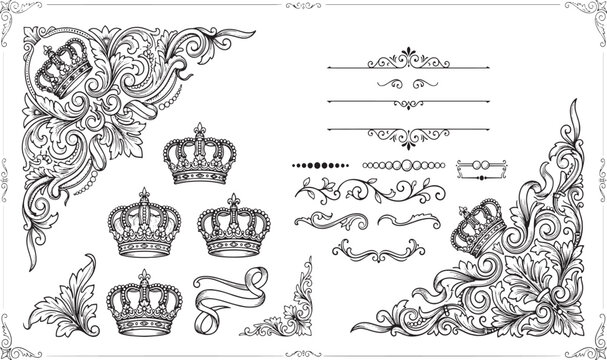 Vintage Baroque Corner Border and Royal Crown Element Pack, Luxury Floral Ornament Frame Vector, Antique Rococo Certificate Dividers with Classic Heraldic King Crowns and Decorative Calligraphic Scrol
