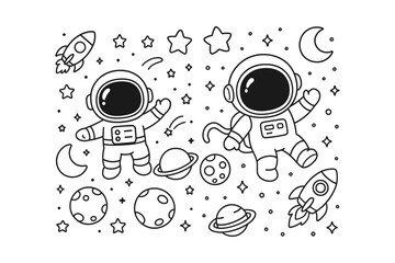 Two cute astronauts wearing white space suits float near planets and rockets in this charming black and white line drawing © BWKit