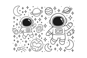A charming black and white line art illustration featuring two happy astronauts floating among planets, shining stars, and cosmic bodies © BWKit