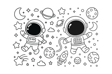 A fun black and white coloring page featuring two cute astronauts floating among planets, stars, and a small rocket ship © BWKit