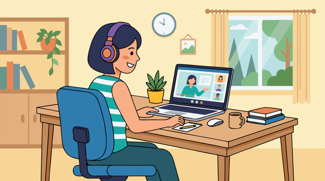 Clean flat vector illustration on a light background of a person wearing headphones at a home desk during a video call, ideal for remote learning and webinar promotions.