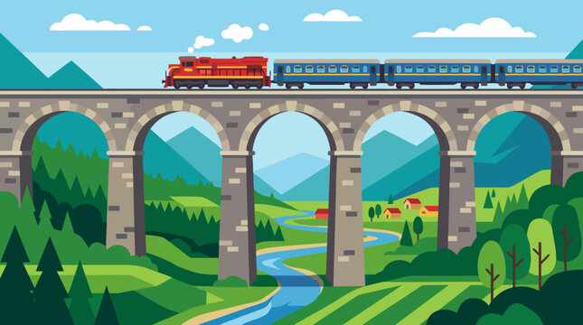 Clean flat vector illustration on a light background of a colorful passenger train crossing a stone arched viaduct over a green valley, suited for travel and rail tourism ads.