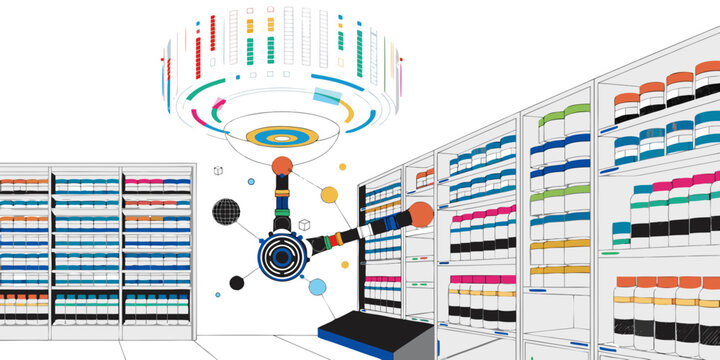 Illustration of a robotic arm organizing colorful files in a library setting with organization technology automation shelving management futuristic information colorful organize robotics