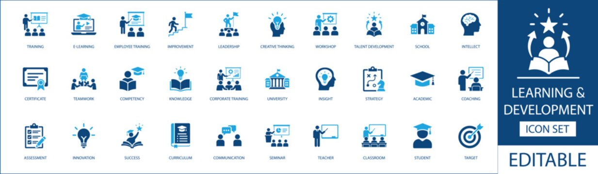 Learning and development solid icon set. Featuring talent development, corporate training, leadership, and teamwork. Vector icons for business presentations, employee handbooks, and e-learning portals