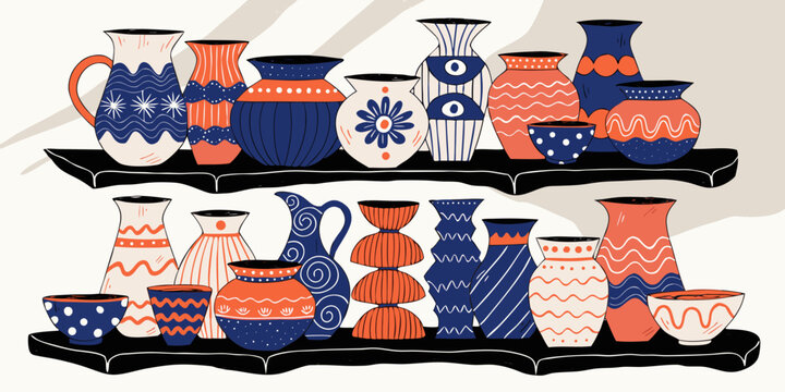 Collection of decorative vases and jugs with blue and orange patterns on shelves still life decorative arts ceramic arts decorative collection interior handmade artistic creative ornamental