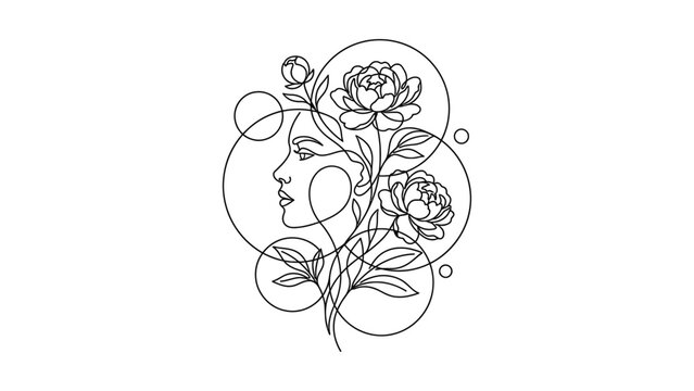 Minimalist continuous line drawing of a woman profile with flowers and geometric circles.