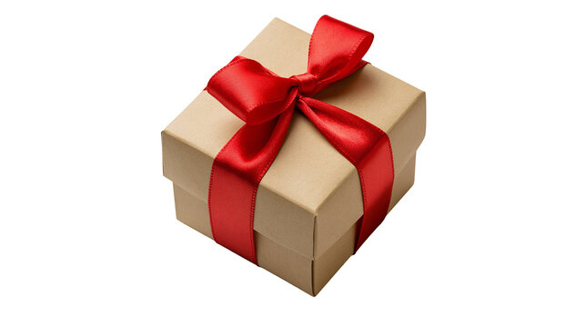 Brown gift box with red satin ribbon and bow