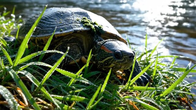 Close-up view of a turtle resting on a grassy riverbank in natural sunlight with glistening water background
