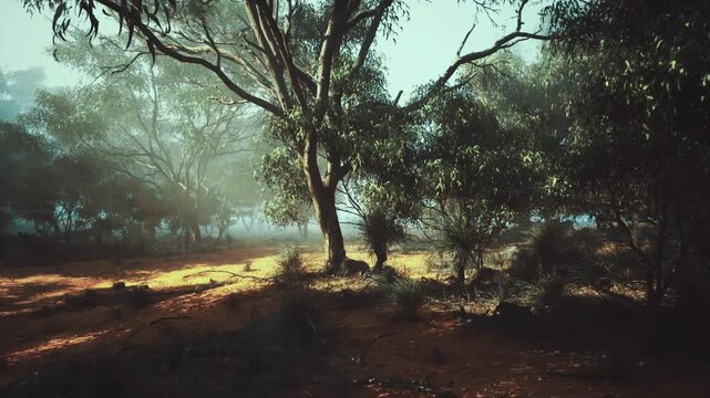 Golden sunbeams through woodland clearing, warm light filters through eucalyptus canopy onto dry leaf strewn soil, creating peaceful early morning atmosphere
