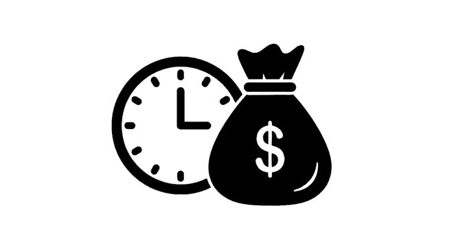 Minimal black silhouette icon, simple flat vector, bold black shape, no gradients, no shading time is money icon, clock and money bag symbol, business concept on a, flat icon style