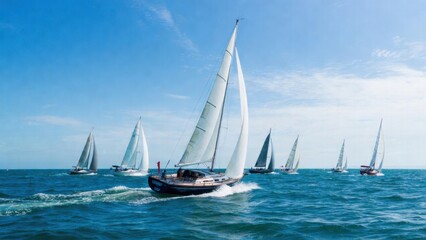 Fototapeta premium Sailboats racing across open sea under clear blue sky