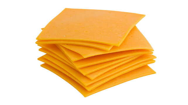 Stack of square orange cheddar cheese slices