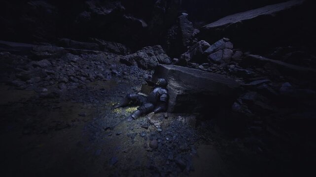 Armored knight illuminated by lantern glow, coins scattered across rough ground, jagged rocks and broken beams surround scene, intimate spotlighting creates