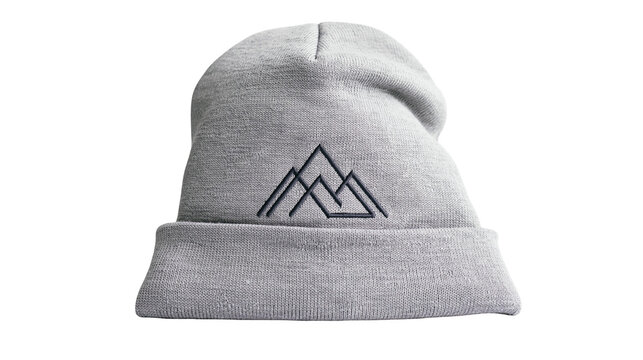 Gray knitted beanie with embroidered mountain logo