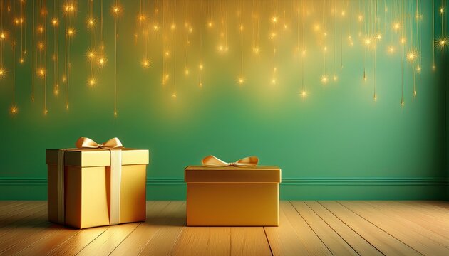 a simple golden box sits on a light wood floor against a dreamy green and yellow wall with twinkling lights