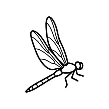 Black dragonfly simple line art drawing.