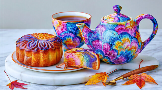 Colorful Mooncake and Oolong Tea Autumn Still Life Flat Lay