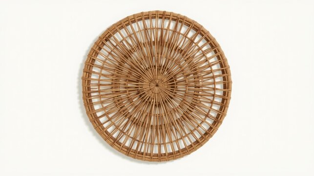 Intricate round rattan wall decor with natural woven texture in minimalist setting