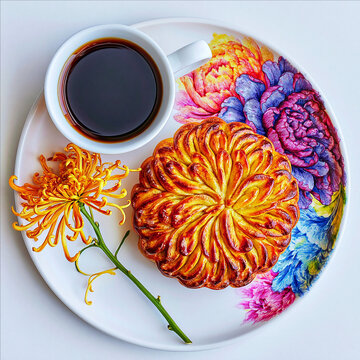 Mooncake on Floral Plate with Coffee and Chrysanthemum Top View