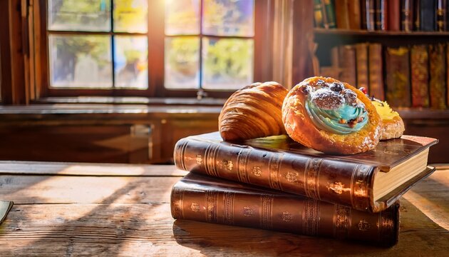 rustic wooden table scene featuring colorful pastries atop an antique book near a stack of aged leather bound journals bathed in soft sunlight streaming through a weathered window