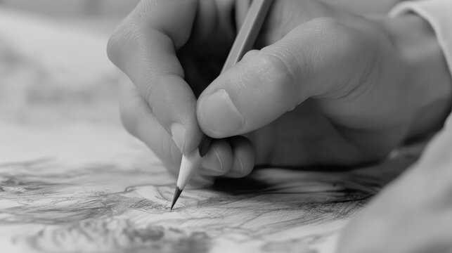 A close-up black and white photo of a hand holding a pencil, drawing intricate details on paper, artistic work text banner