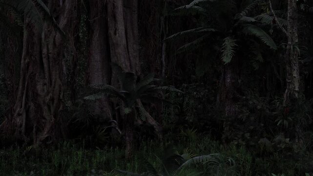 Shadowed strangler fig roots under dusk sky, dense root mass entwines tree trunks, humid air heavy with mist, dim green tones and textured bark create moody
