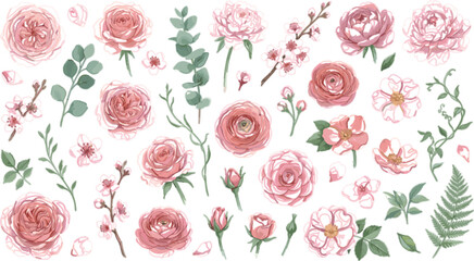 Elegant botanical line art vector set with minimalist rose peony and eucalyptus leaf outline drawings © MdMoklesur