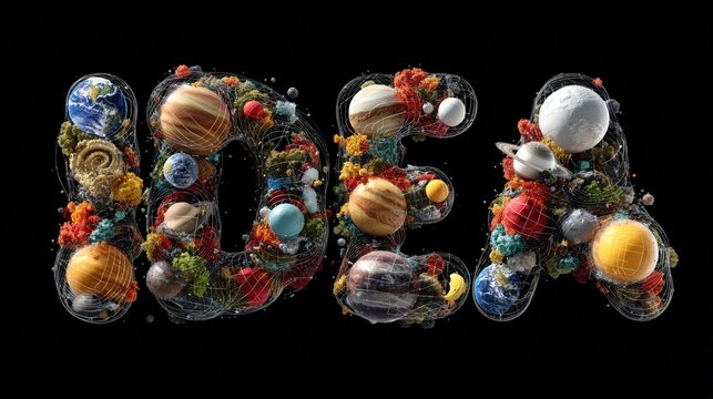 The word "IDEA" formed by interconnected planetary models and cosmic elements, symbolizing creativity and universe-inspired innovation, artistic work text banner