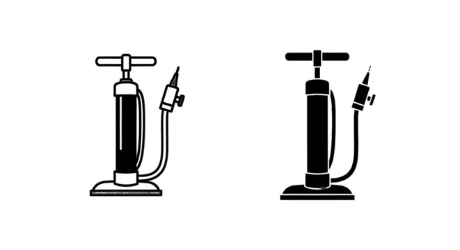 Minimal black silhouette icon, simple flat vector, bold black shape, no gradients, no shading set of hand air pumps for inflating sports balls and bicycle tires on a, flat icon style