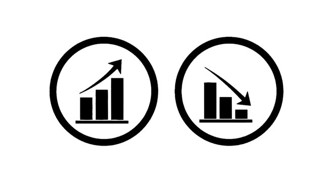 Minimal black silhouette icon, simple flat vector, bold black shape, no gradients, no shading set of bar chart icons with upward and downward trend arrows on a, flat icon style