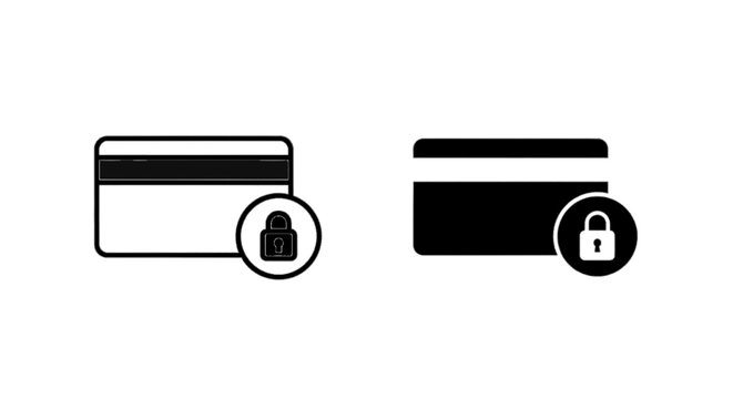 Minimal black silhouette icon, simple flat vector, bold black shape, no gradients, no shading credit card with lock icon for secure payment and online transaction on a, flat icon style